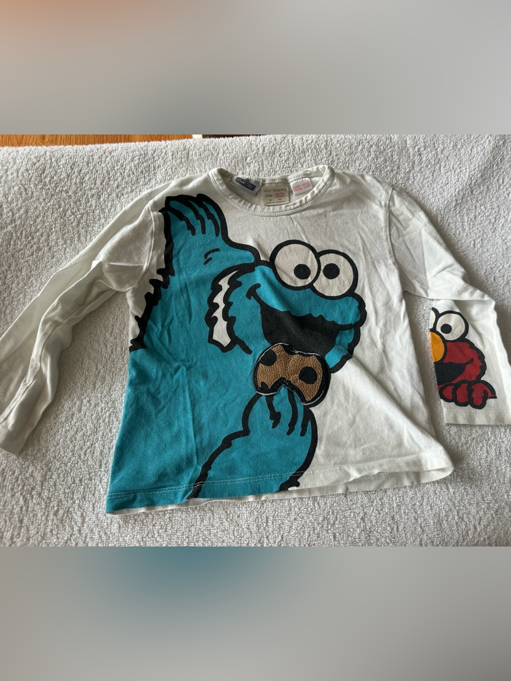 Zara White Long-Sleeve Tee with Blue Cookie Monster and Red Elmo Sleeve Detail